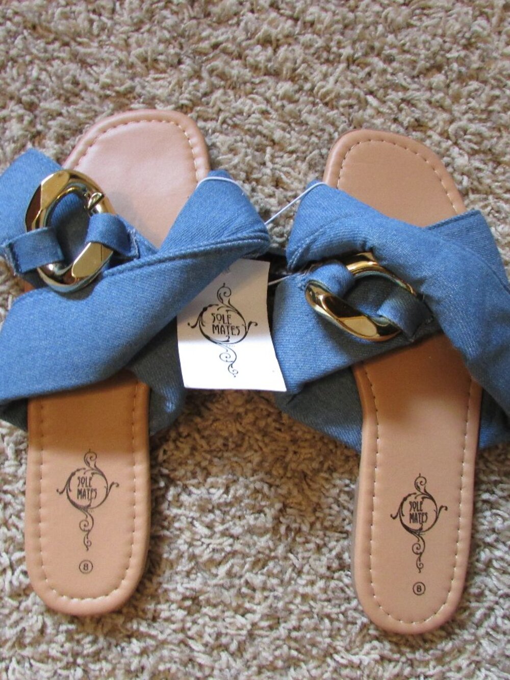 NWT SOLE MATES 8 Blue Denim Look Knot Flat Slide Sandals w/ Gold Tone Accents